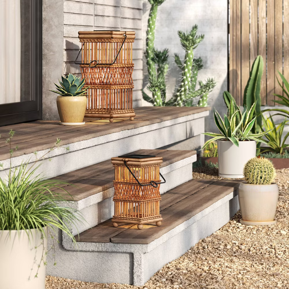 Open Weave Battery/Solar LED Outdoor Small Lantern Beige - Threshold gallery