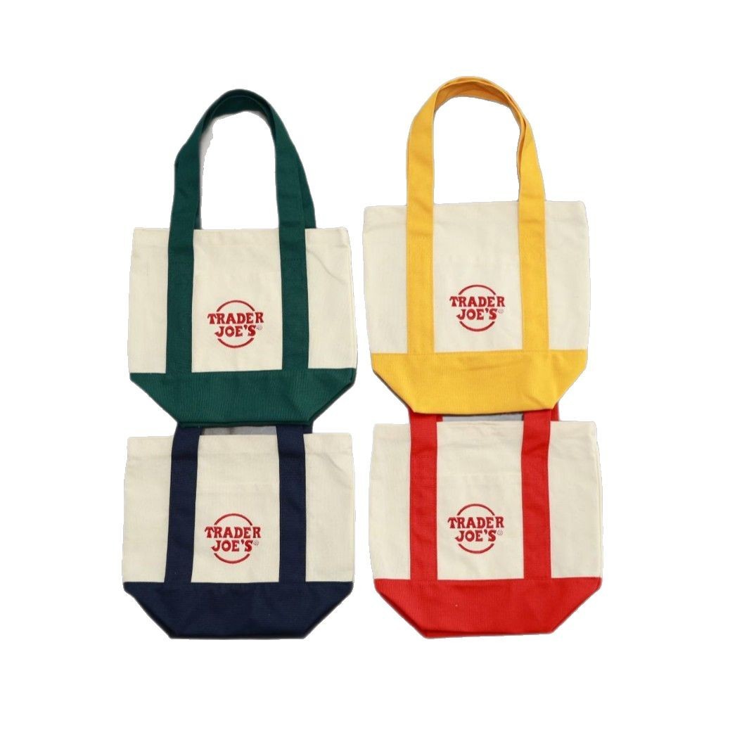 4X TRADER JOE'S MINI PASTEL CANVAS TOTE BAG, NEW SPRING PASTEL COLORS 4 BAGS SET gallery