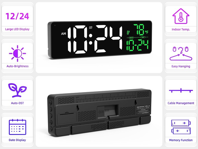 Large LED Digital Wall Clock with Date, Temperature, Auto-Brightness, Auto-DS... gallery