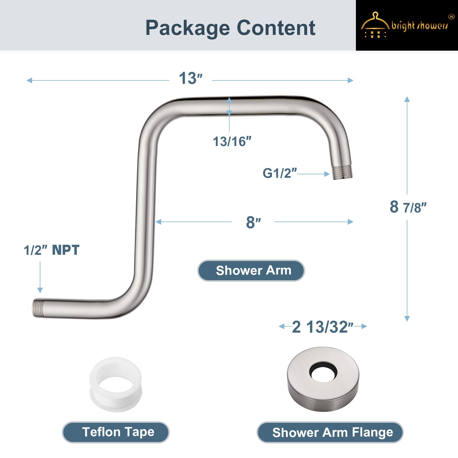 13'' S Shaped Shower Head High Rise Extension Arm-Brushed Nickel gallery