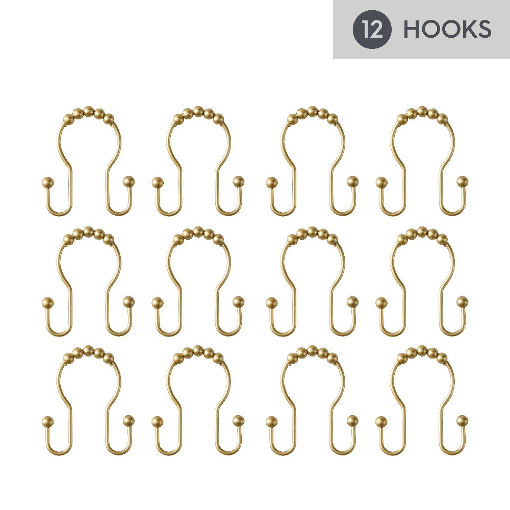 Rustproof Stainless Steel Double Easy Glide Shower Hooks, Brass, Set of 12 gallery
