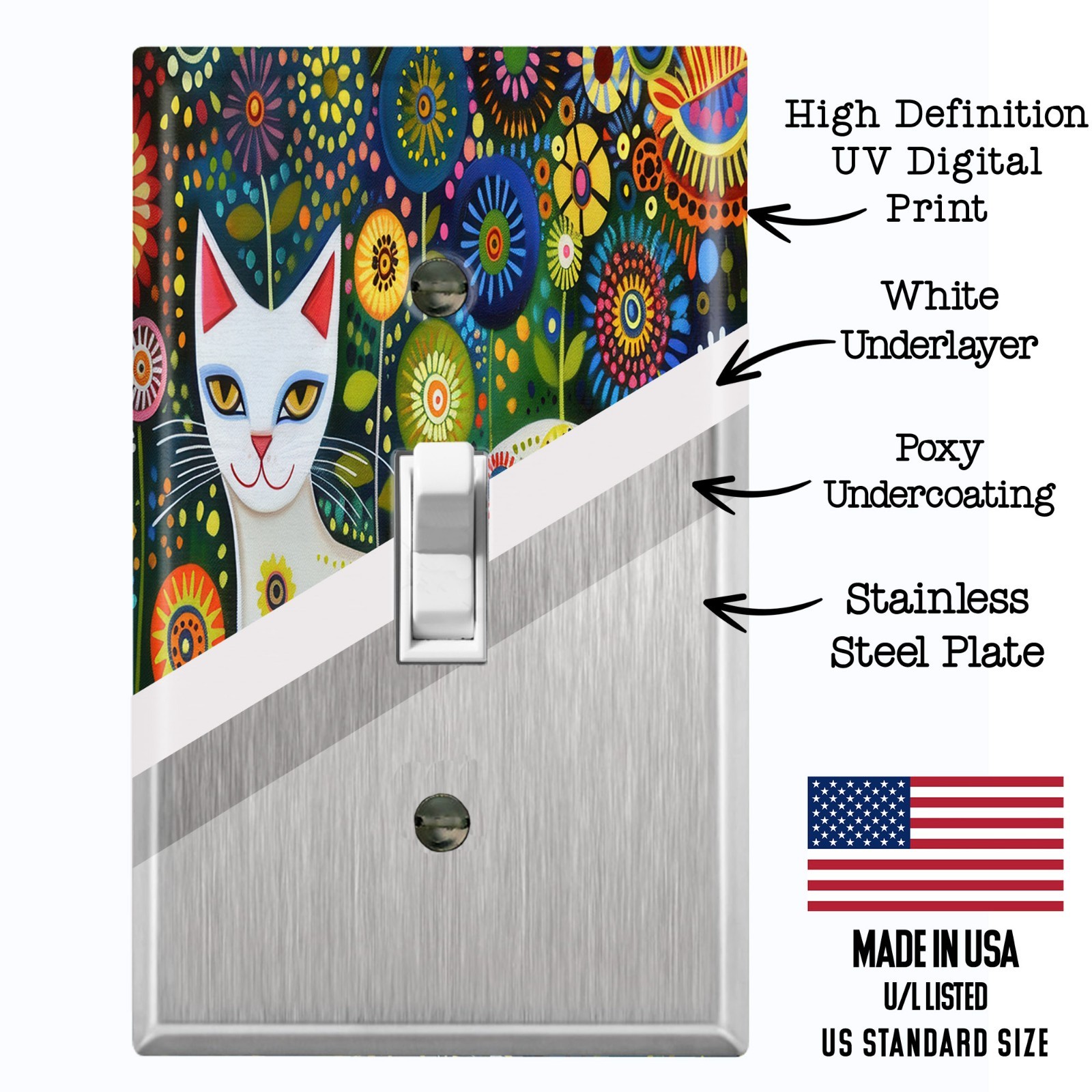 Metal Light Switch Outlet Cover Wall Plate White Cat Colorful Floral AML167 gallery