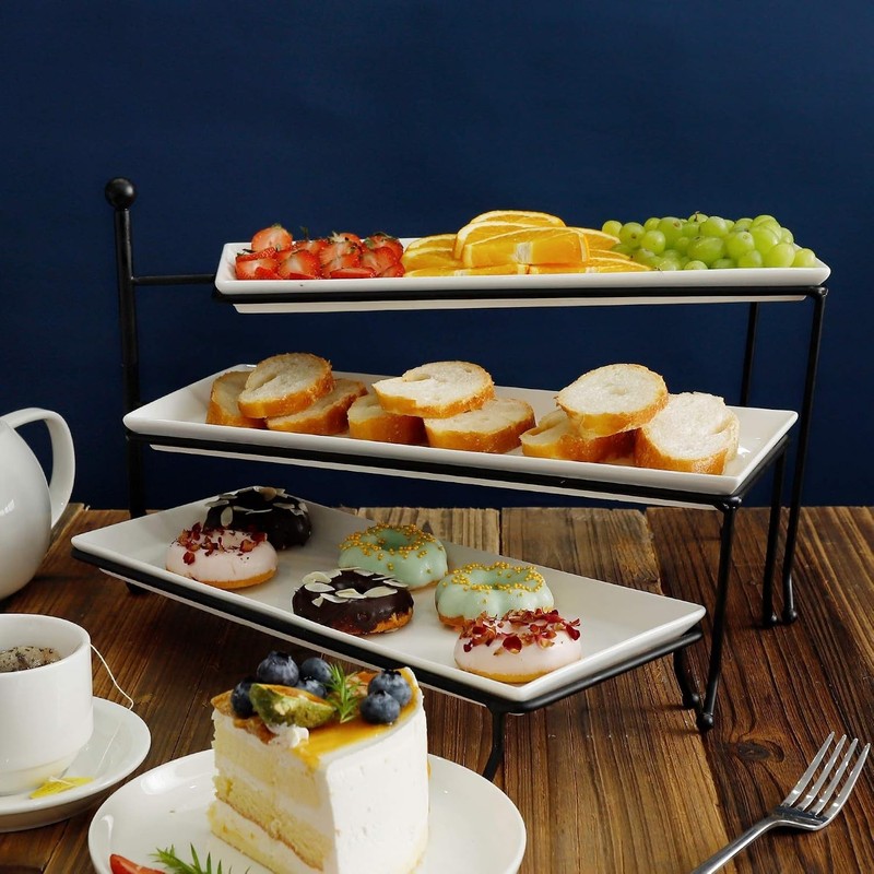 3 Tiered Serving Stand, Foldable Rectangular Food Display Stand with White Po... gallery