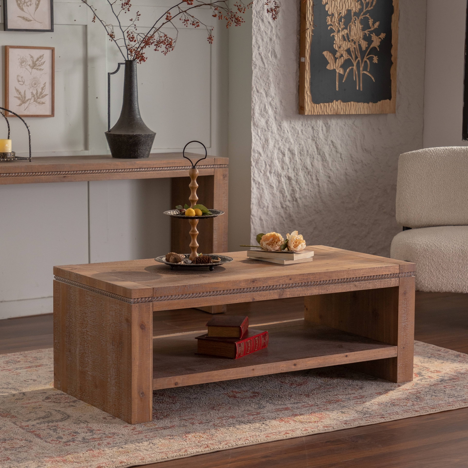 Rectangle Solid Wood Coffee Table 2-Tier Rustic Coffee Table with Storage Shelf gallery