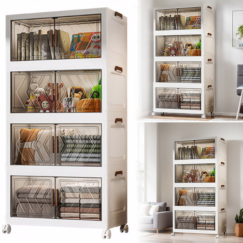 4 Tier Folding Storage Cabinet Stackable Boxes with Magnetic Doors & Wheels US gallery