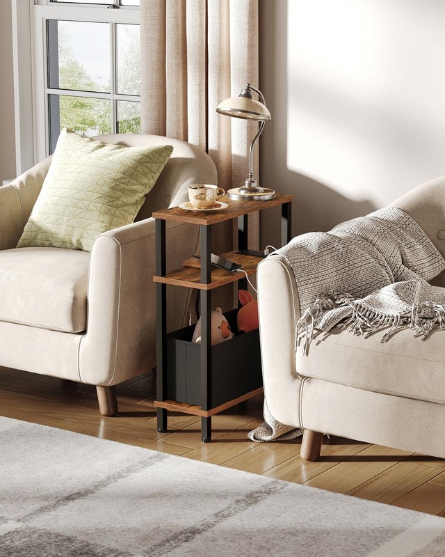 Small Narrow Side Table Charging Station Skinny End Table Rustic Brown Black gallery