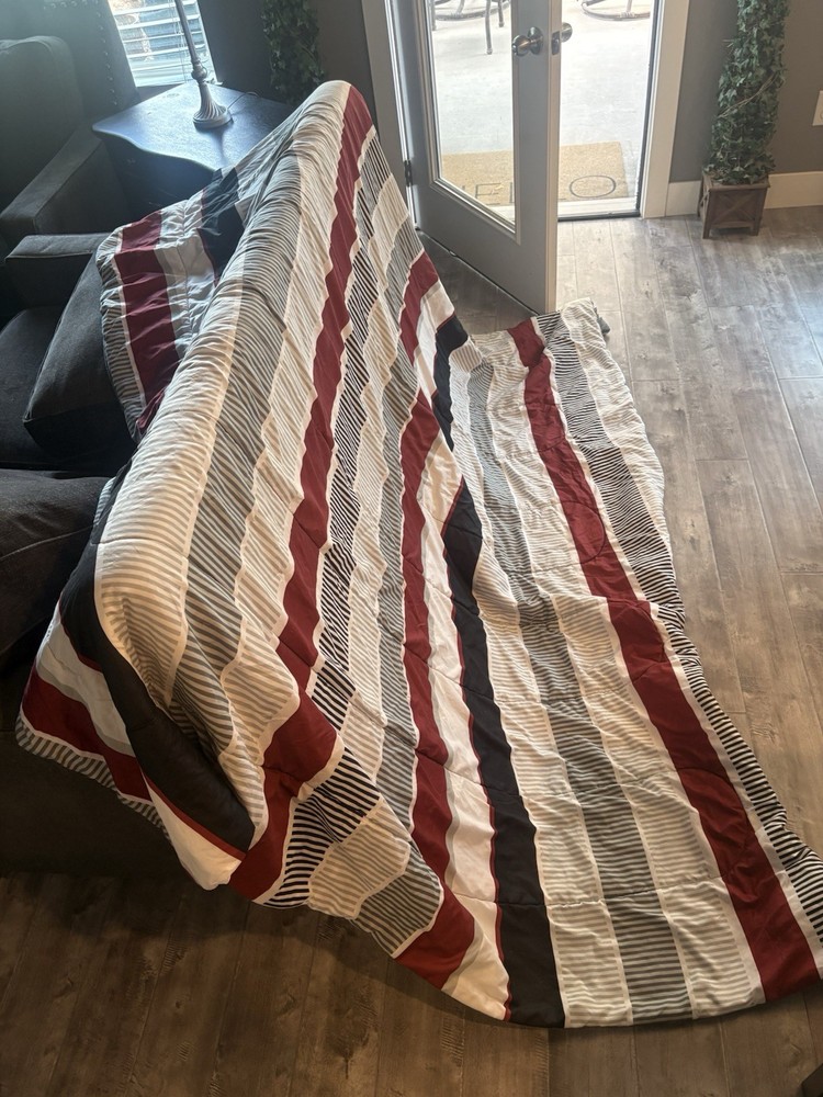 King Striped Comforter Multicolor Gray Red Black White Reversible Gray Side