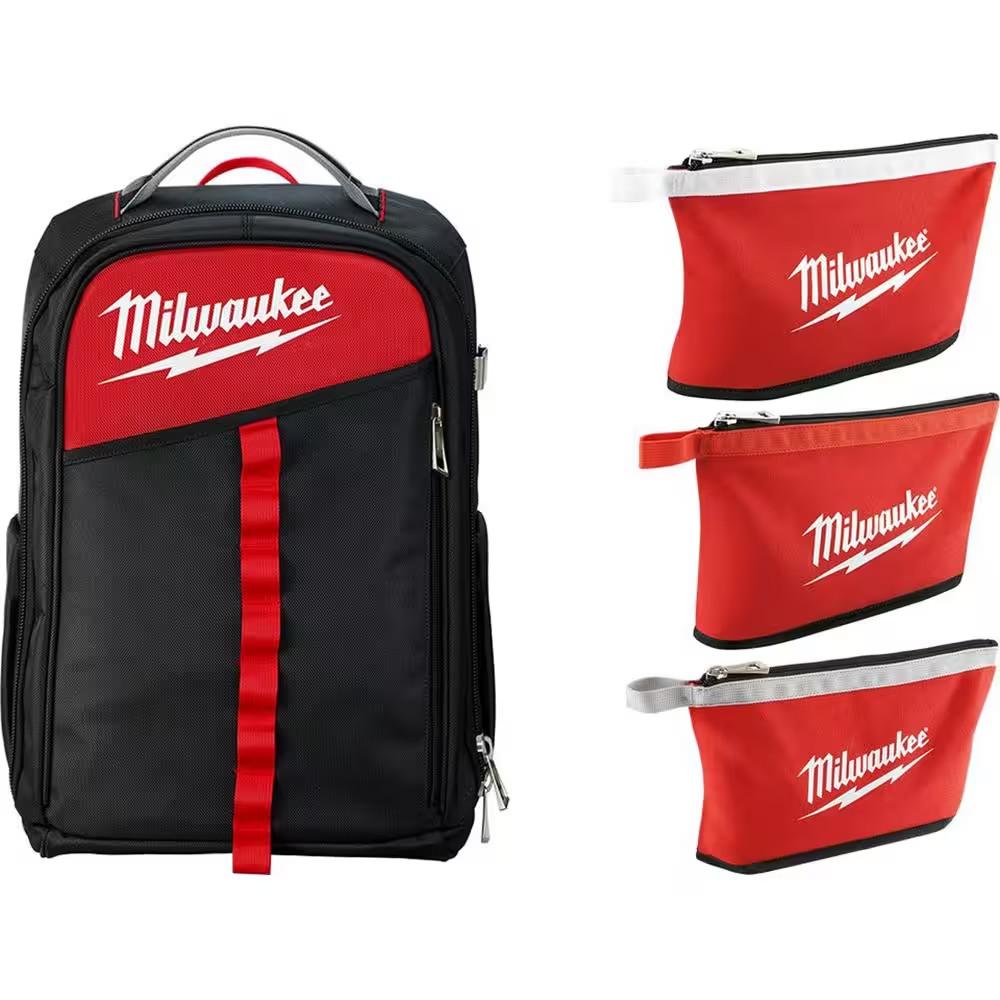 Milwaukee Low-Profile Backpack 14" 22 Pockets w/ (3-Pack) 12" Zipper Tool Bags gallery