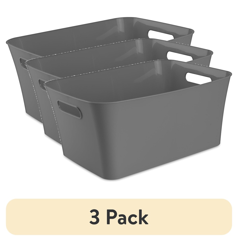 (3 pack) Large Plastic Storage Bin, Gray