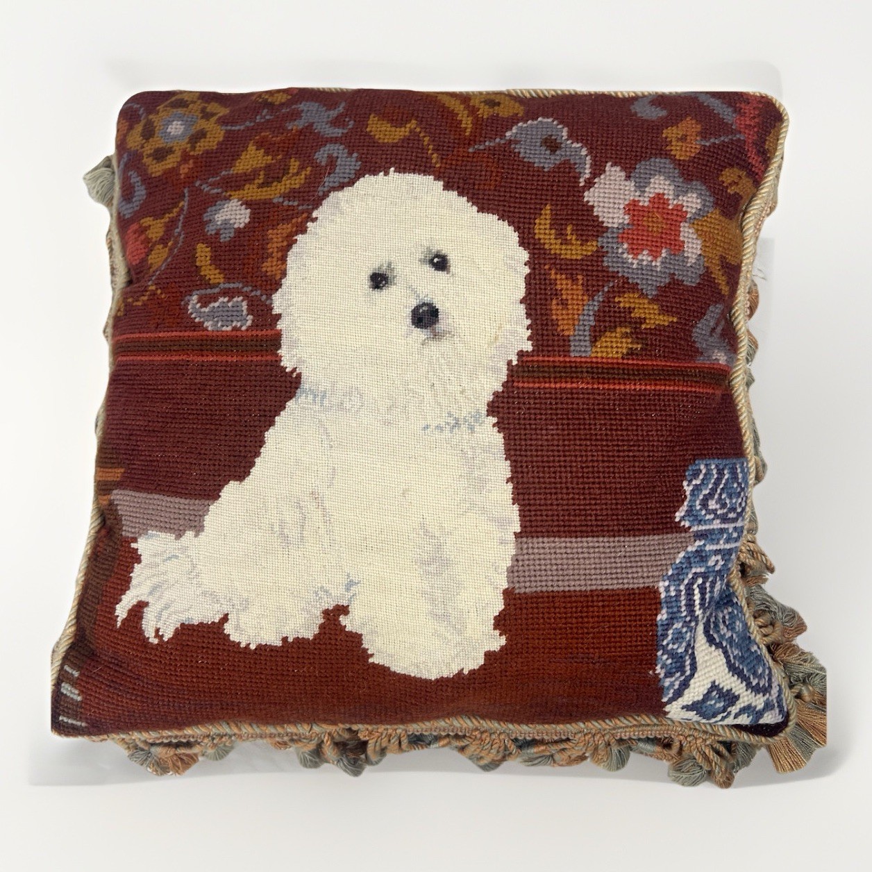 16” Bichon Frise Dog Needlepoint Pillow Wool Front Velvet Back Tassel Fringe gallery