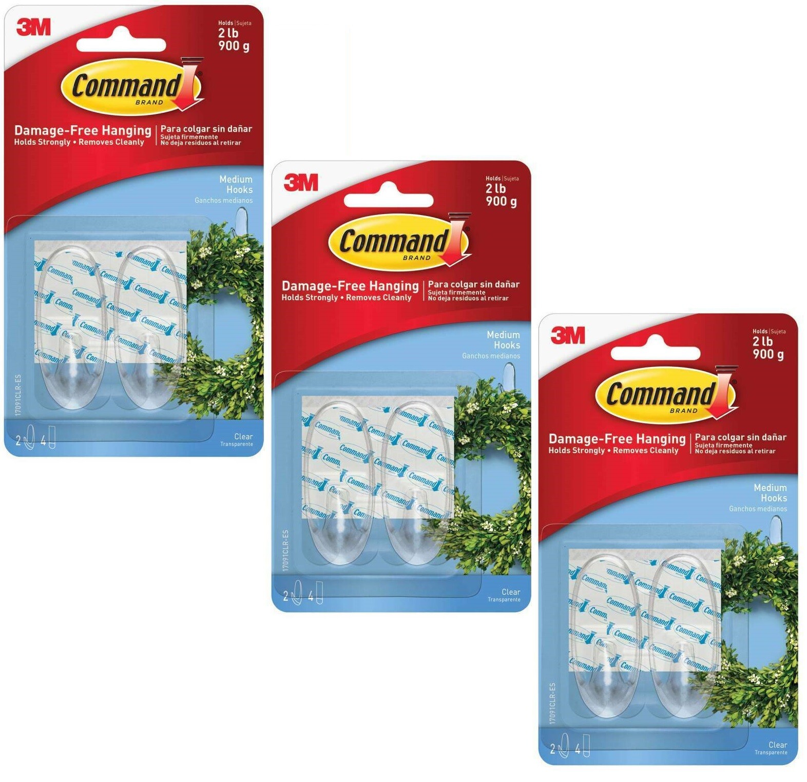 3 Packs 3M Command 2 Medium Clear Hooks & 4 Adhesive Strips Per Pack Max 2 lb gallery