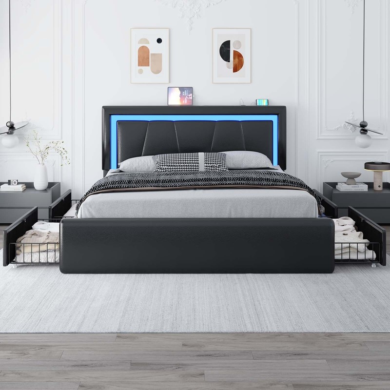 Full/Queen Size Bed Framewith 4 Storage Drawers and LED Lights gallery