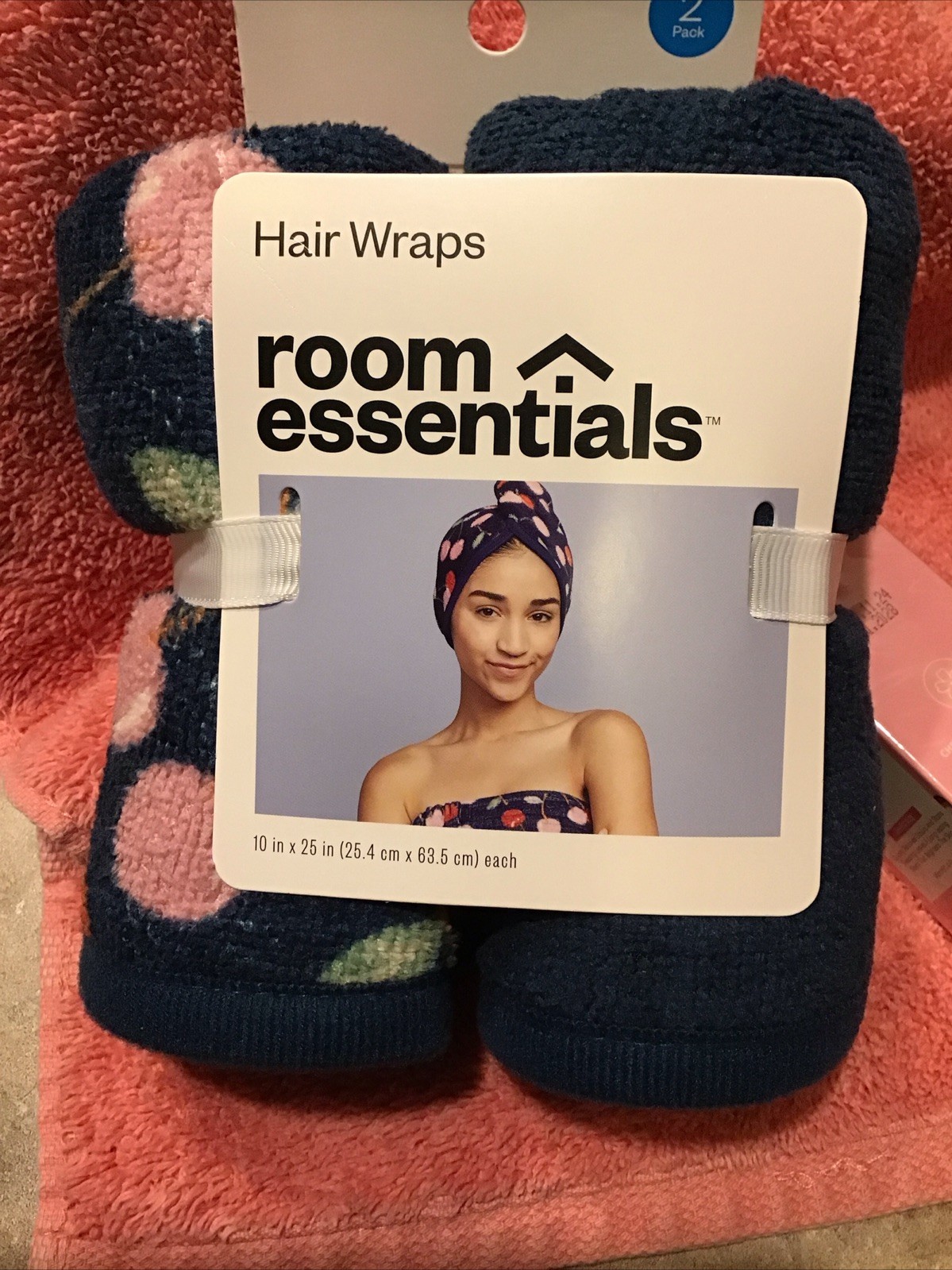 Room Essentials Hair Towel Wraps 2-Pack 10” X 25” In Solid Blue & 1 Print +Bonus gallery