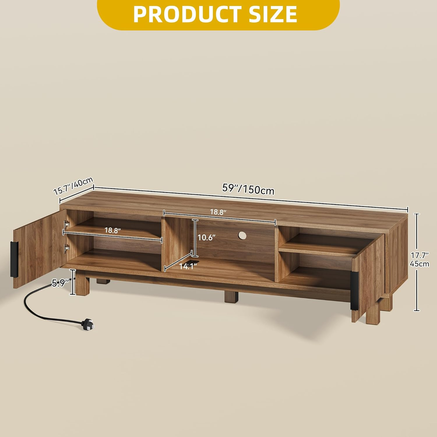 Mid Century Modern TV Stand for 65" TVs, Walnut, Storage & Power Outlets gallery