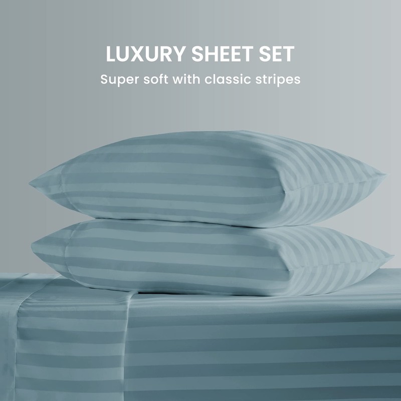 SLEEP ZONE Striped Cooling Sheets Set Deep Pocket - King, Stripe - Flint Blue gallery