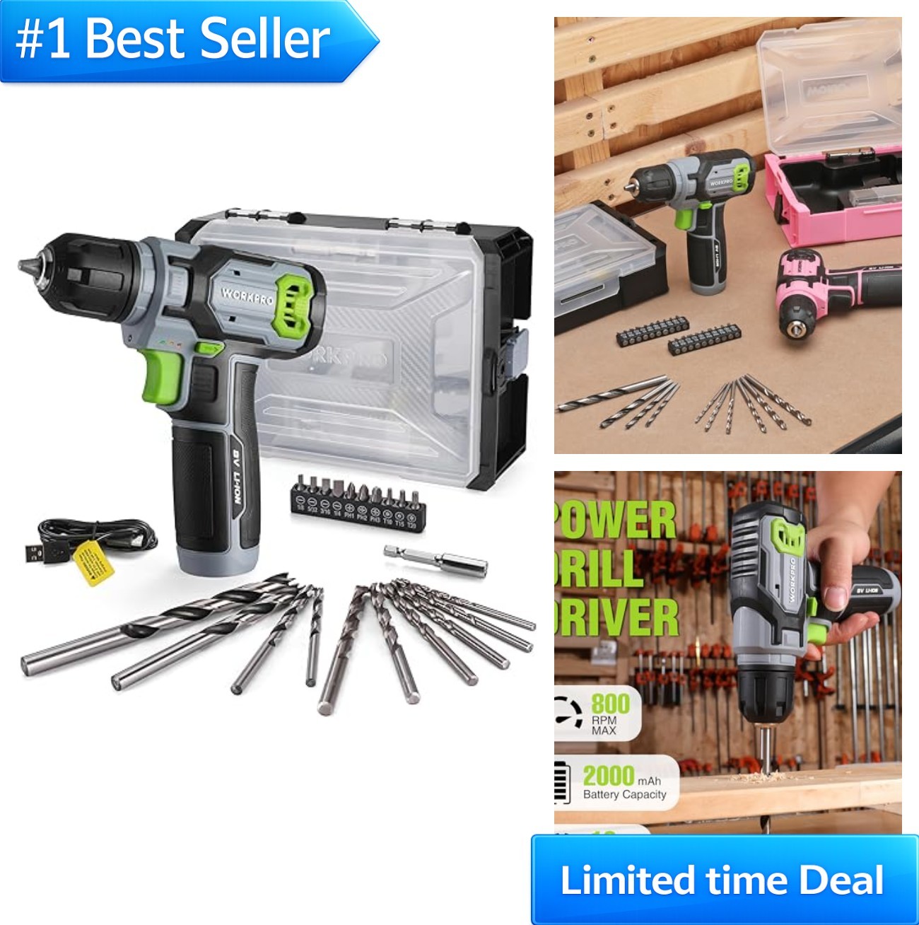 Cordless Drill Driver Set 8V 2.0Ah Lithium Battery 21 Piece Bit Kit Home Repair gallery