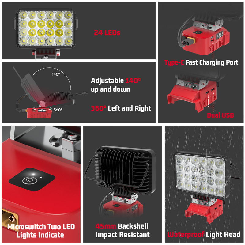7200LM 72W LED Work Light Compatible with Milwaukee 18V Battery Flashlight USB gallery