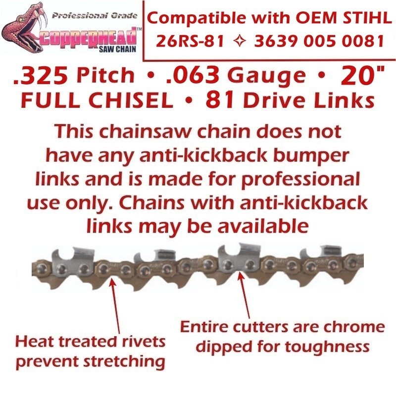 COPPERHEAD 20" BAR, PRO FULL CHISEL SAW CHAIN, FILE FITS STIHL MS261 271 26RS-81 gallery