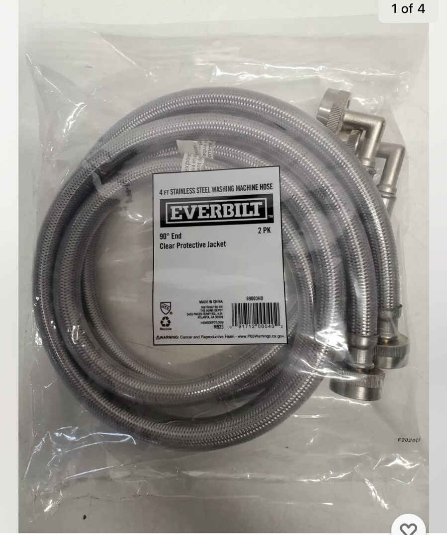 (2) Everbilt Stainless Washing Machine Hoses 4 Ft 90 Degree End gallery
