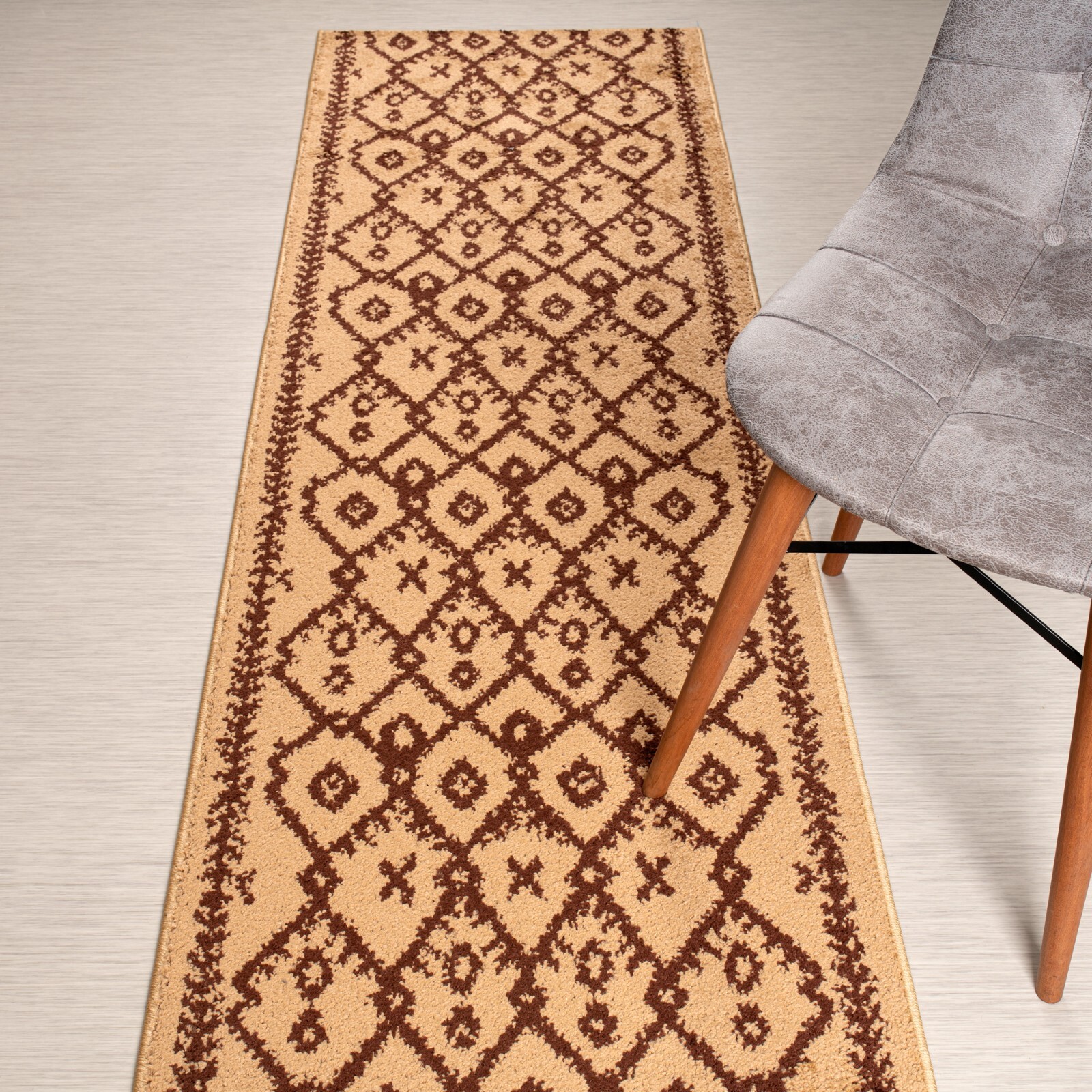 Custom Length Stair Hallway Runner Rug Non Slip Backing, Trellis Beige gallery