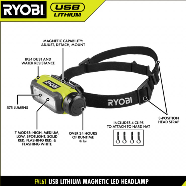 RYOBI USB Lithium Magnetic LED Headlamp - FVL61 * * Bare Tool * * TESTED * * gallery
