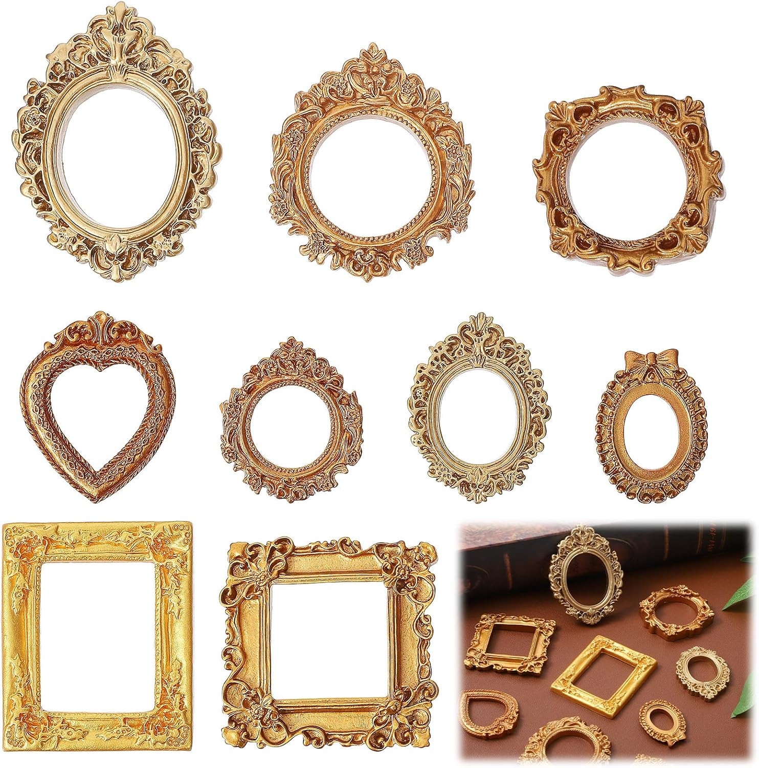 9PCS Mini Gold Frames, Small Gold Picture Frames, Oval Rectangle Antique Resin V gallery