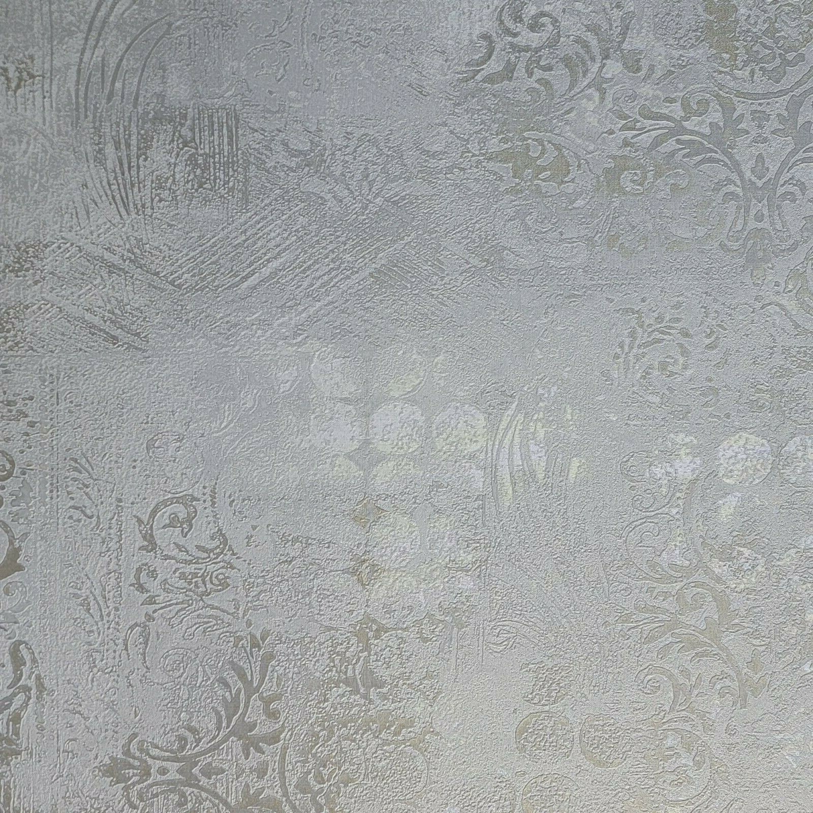 Worn Vintage damask pattern Gold Gray metallic faux plaster textured Wallpaper gallery