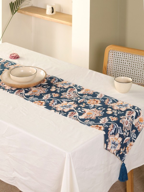 Floral Table Runner with Tassels – Blue & Orange Cotton Boho Decor – 13x48 Inch gallery
