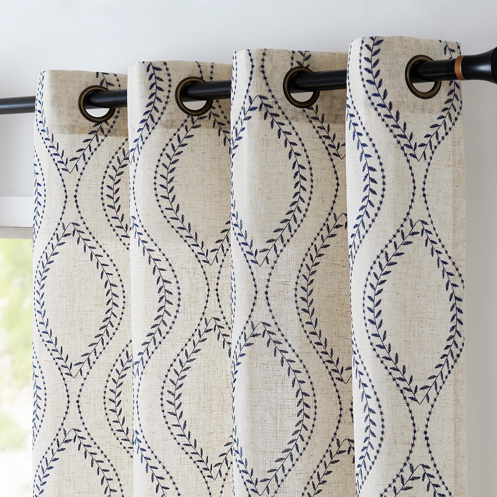 Boho Linen Blend Beige Farmhouse Curtains 84 Inch Length 2 Panels Set Blue Em... gallery