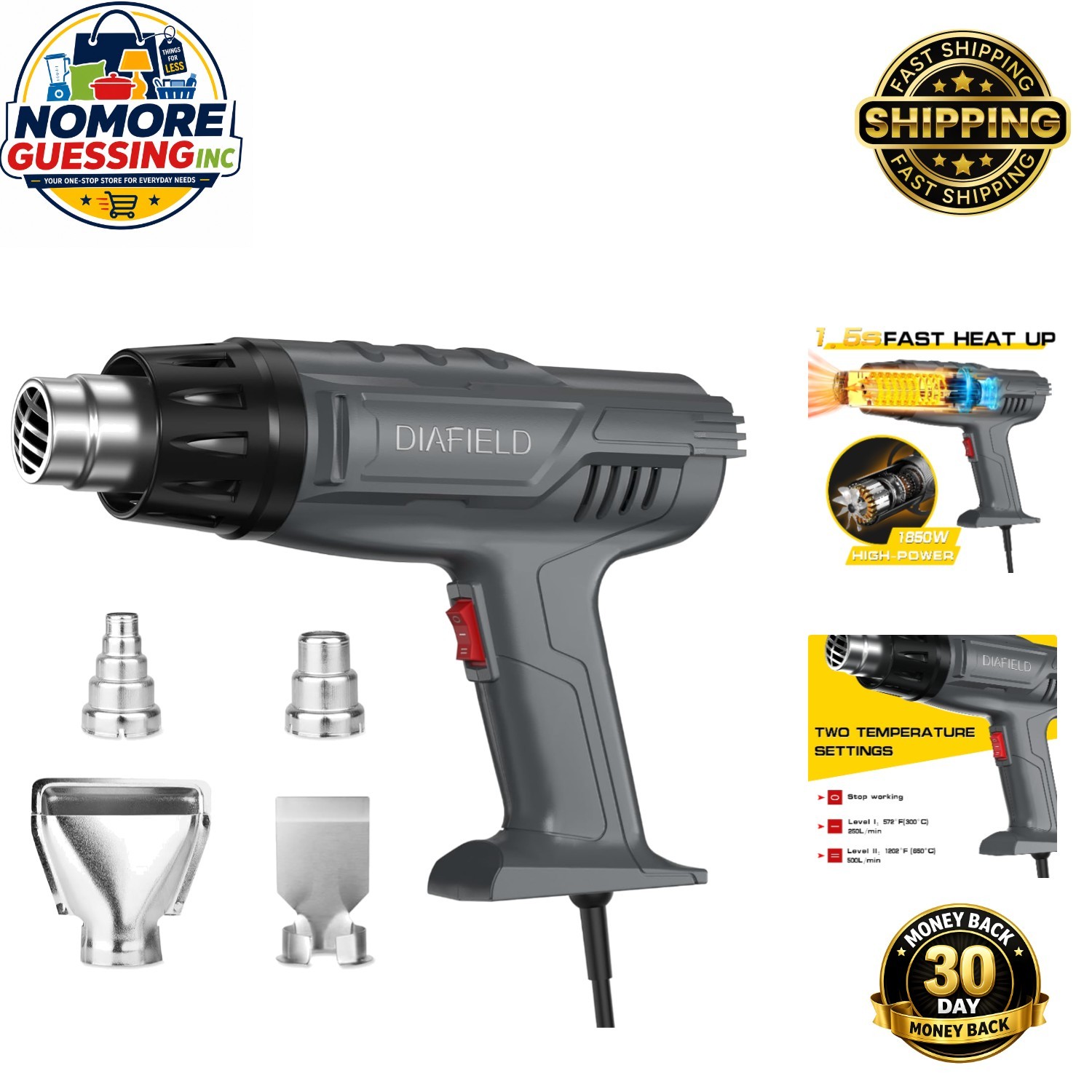 Versatile 1850W Heat Gun with Quick Heat & 4 Nozzle Attachments - Safe Use gallery