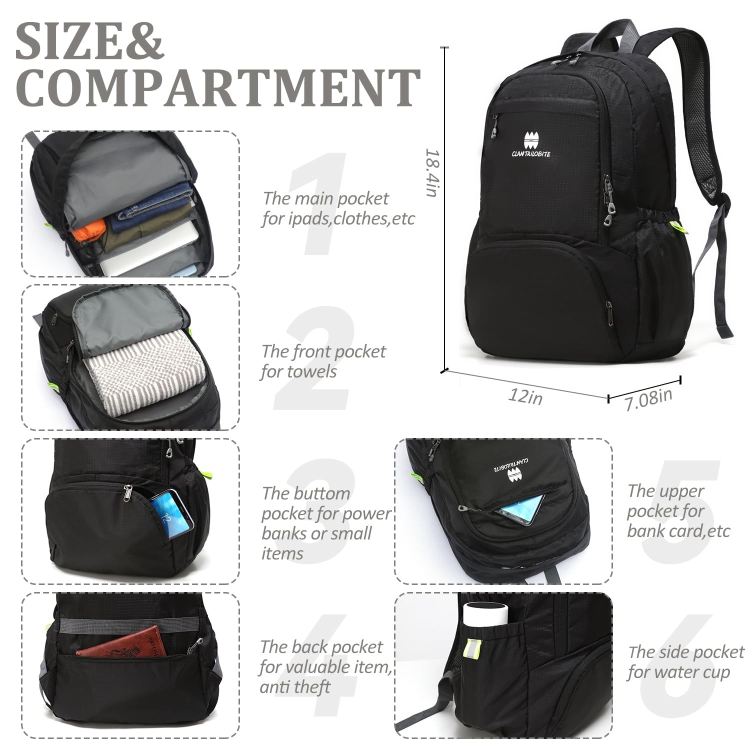 Lightweight Packable Travel Backpack, 30L Black Daypack Hiking Backpack for M... 2