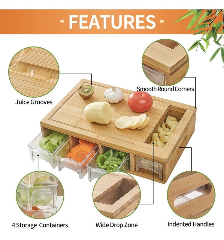 Bamboo Cutting Board with 4 Containers Large Chopping Board with Juice Grooves gallery
