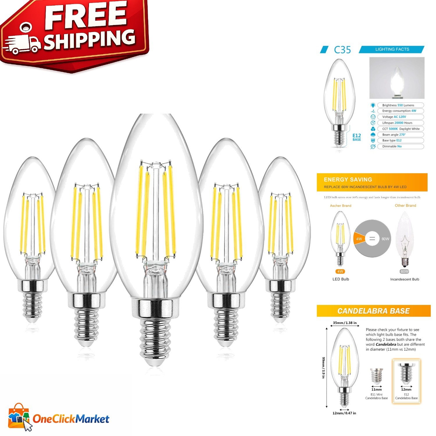 Long Lasting E12 Candelabra LED Bulbs - 550 Lumens, Daylight White (5 Pack) gallery