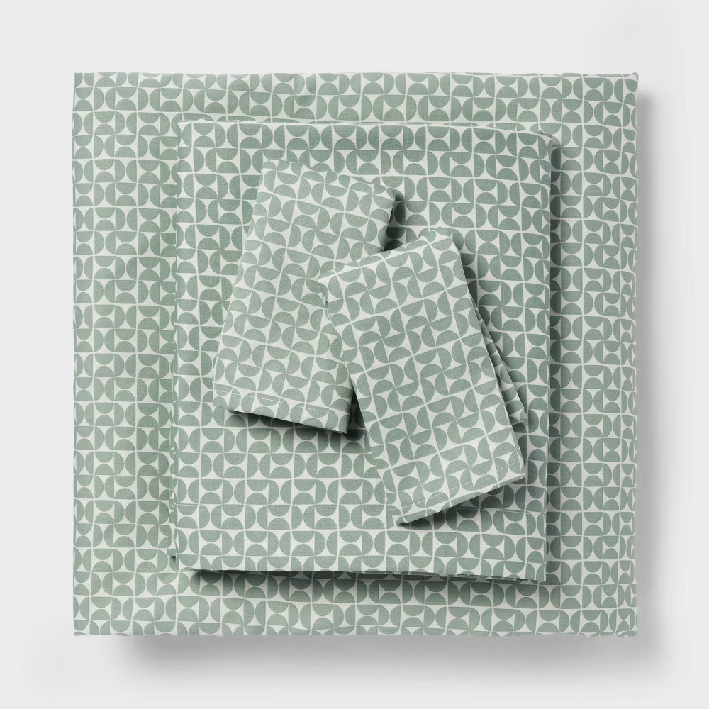 Full Cotton Blend Sateen Sheet Set Green Geo - Room Essentials gallery