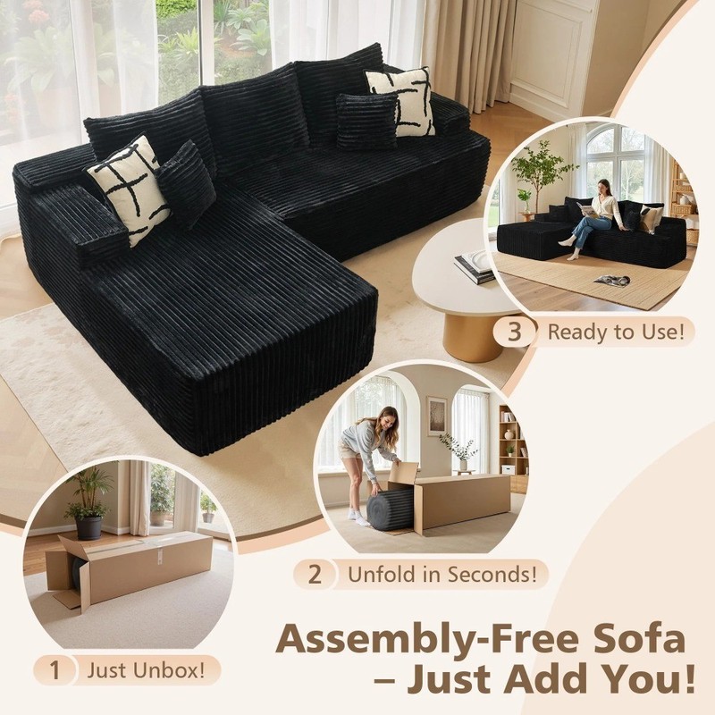 96"Frameless Boneless Soft Sofa,Cloud Sectional Couch With L-Shaped Chaise Black gallery