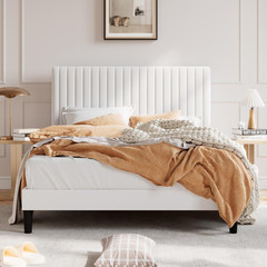 SHA CERLIN Queen Upholstered Platform Bed Frame with Vertical Channel Tufted Vel