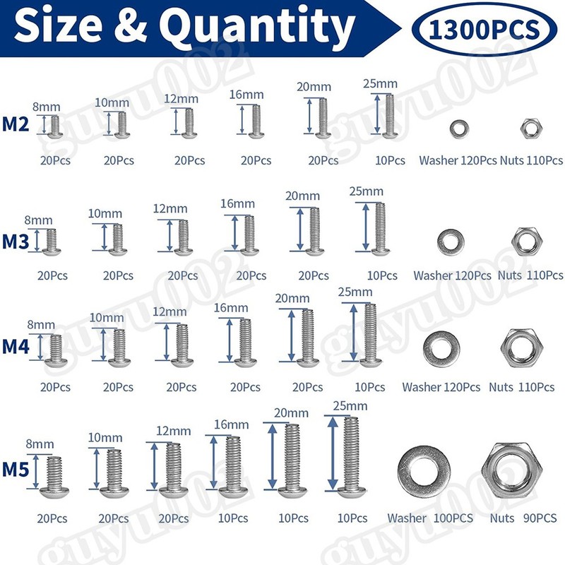 1300Pcs M2 M3 M4 M5 Button Head Socket Cap Screw Bolts Nuts Washers Assortment gallery