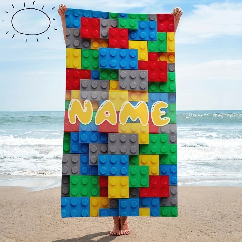 Customizable Beach Towel Featuring a Classic Color-blocked Building Block Wall