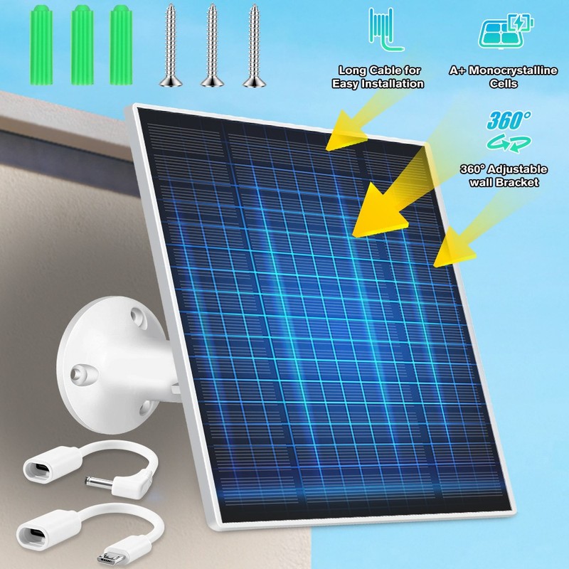 Solar Panel for Security Camera, 2 Pack 5W Solar Charger with Micro USB & USB-C gallery