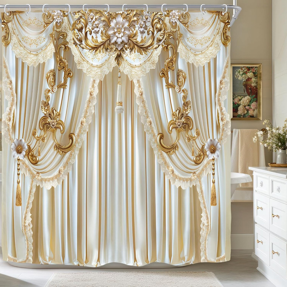 Fancy Elegant Luxury Shower Curtain for 72"W x 72"L (Pack of 1) White Gold