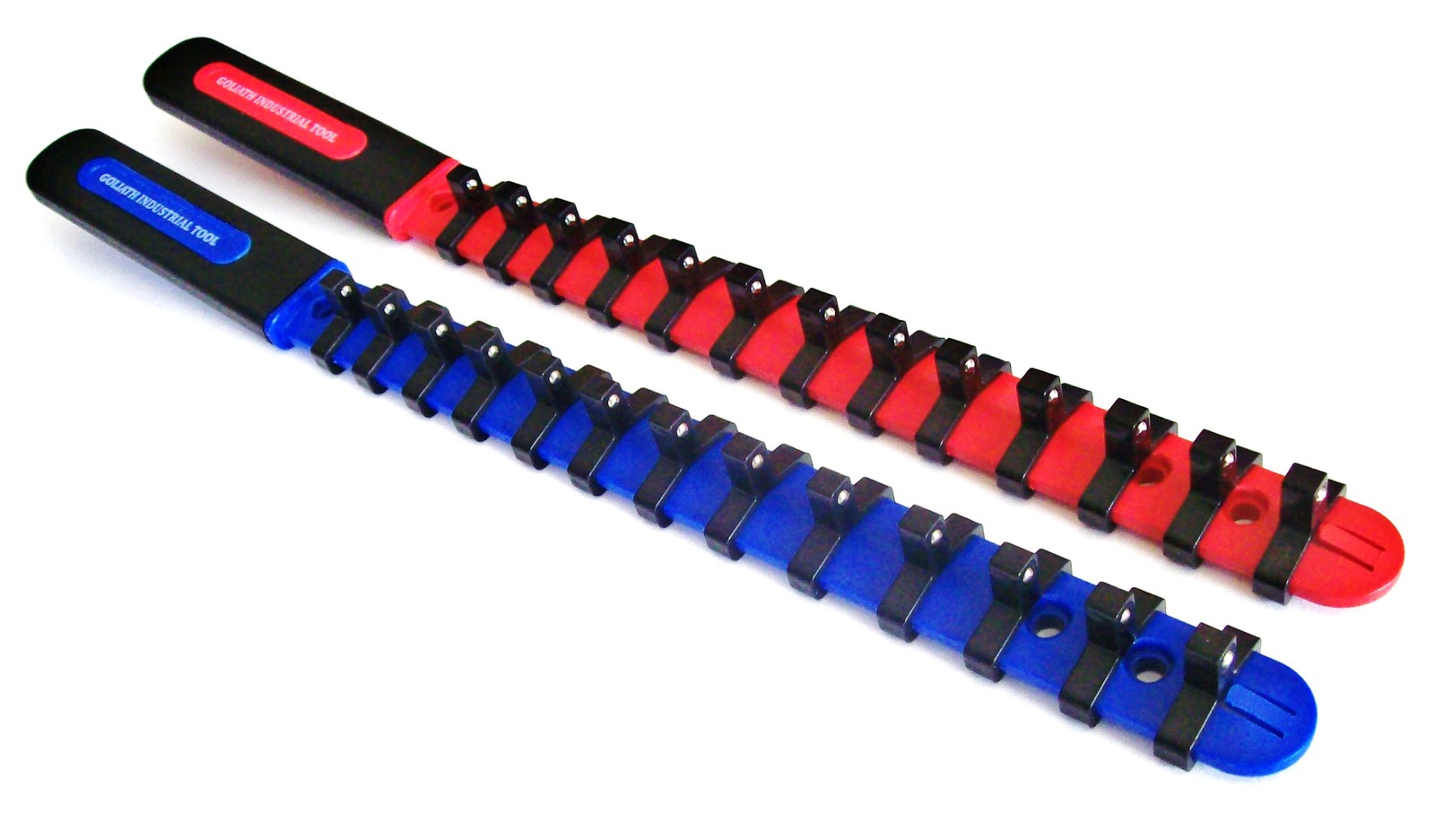 2 GOLIATH INDUSTRIAL 1/4" ABS PLASTIC RED/BLUE SOCKET RAIL HOLDER ORGANIZER RACK gallery