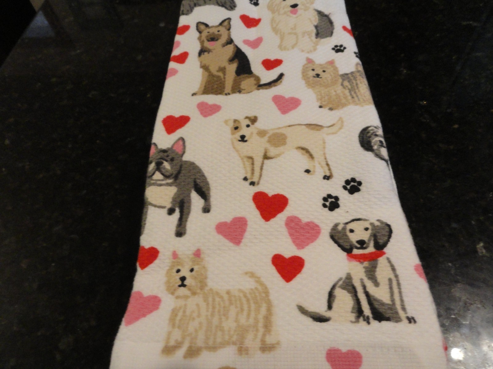 NWOT 3 Cotton blend fabric kitchen towels variety DOGS Hearts Paws Holiday look gallery