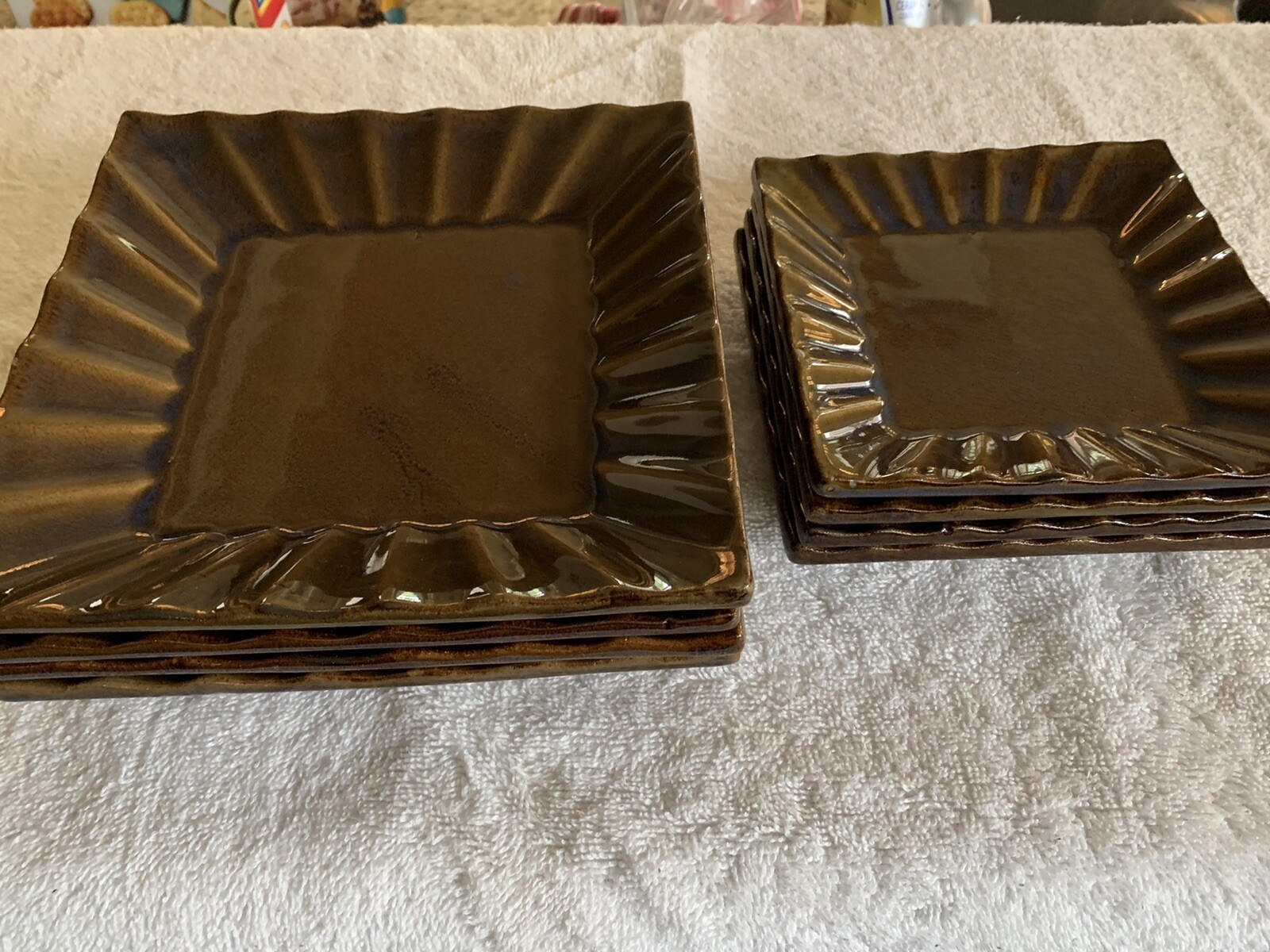 Global Views INc. ceramic brown and teal square 4 small plates and 4 bread plate gallery