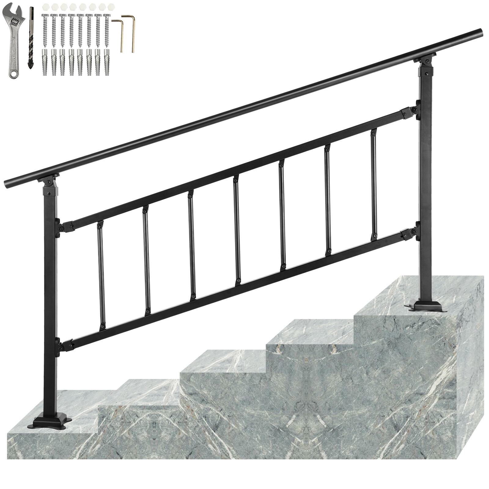 VEVOR Iron Handrail Stair Railing Hand Rail Kit 0-5 Steps Outdoor Black w/ Bars gallery