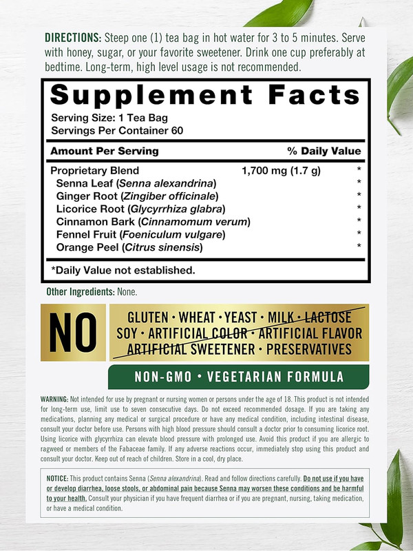Herbal Laxative Senna Leaf Tea | 60 Tea Bags | No Caffeine | Helps with Occasion gallery