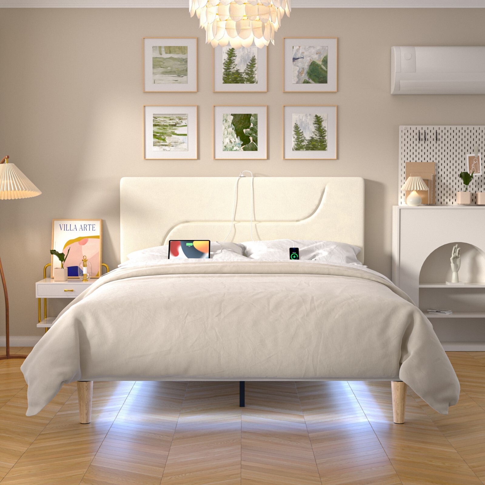 Twin Full Queen Bed Frame LED Light USB Charging Station Headboard Gray Beige gallery