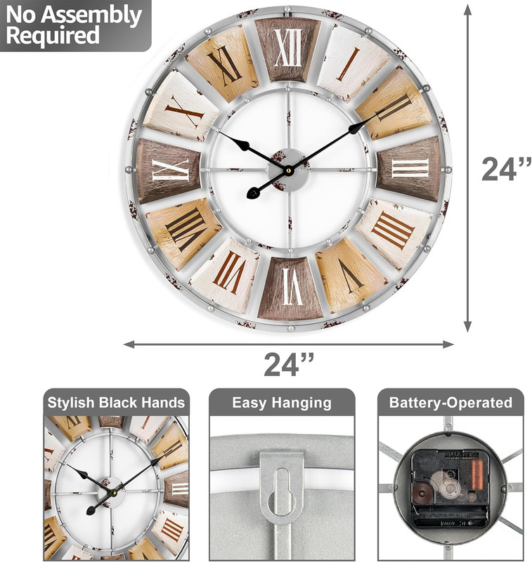 Decorative Large 24-Inch Wall Clock for Living Room, Vintage Industrial Modern R gallery