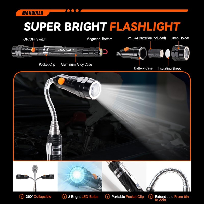 Telescoping Magnetic Pickup Tool Set, Extendable Flashlight & 360° Mirror - Perf gallery