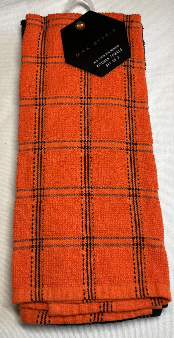 MAX STUDIO KITCHEN TOWELS (3) ORANGE BLACK CHECK COTTON POLYESTER NIP gallery