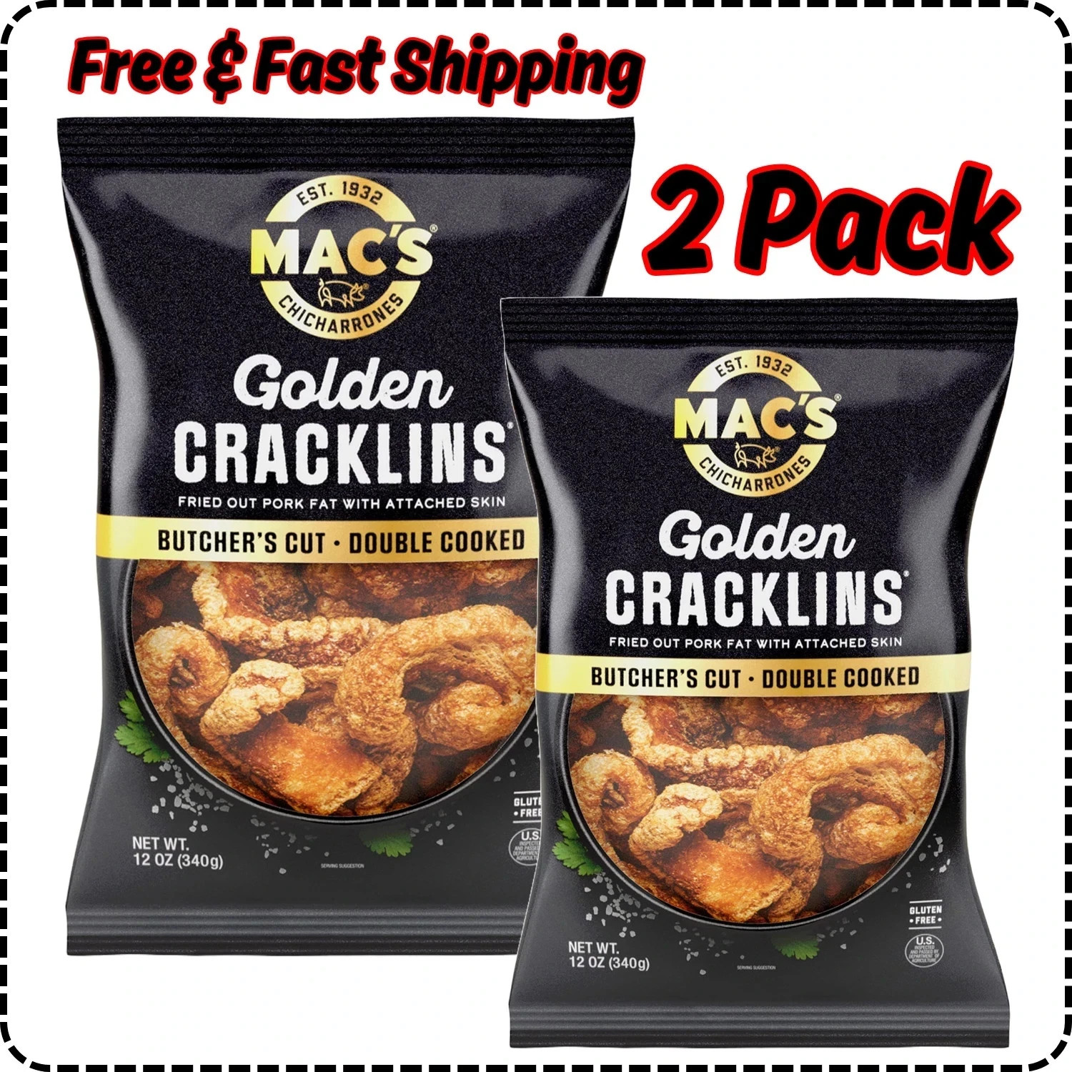 2 Pack /Mac's Chicharrones Golden Pork Cracklins, Fried Pork Fat with Skin, 8 oz gallery